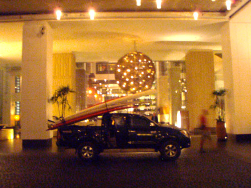Loading the gear in ront of the Hilton in Bangkok.